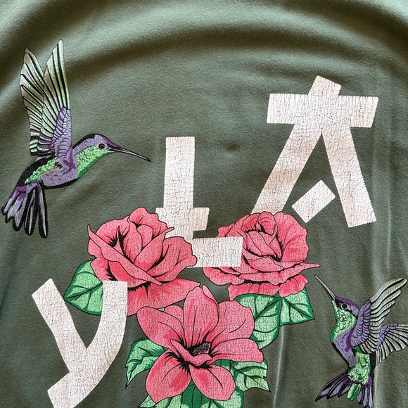 YoungLA Olive Green Tee with Pink Floral & Green Hummingbirds - Picture 3 of 4